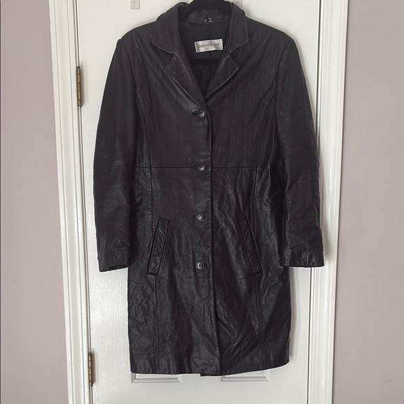 Jones New York Vintage Black Leather Jacket Trench - Picture 1 of 8